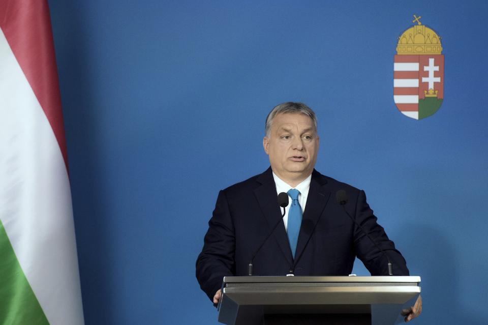 Hungarian Prime Minister Viktor Orban speaks during an international press conference in the Cabinet Office of the Prime Minister in Budapest, Hungary, Thursday, Jan. 10, 2019. (Szilard Koszticsak/MTI via AP)