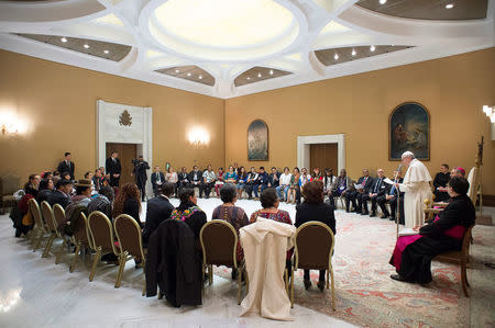 Pope Francis speaks during a meeting with indigenous people to mark the 40th governing council of the the International Fund for Agricultural Development (IFAD) at the Vatican February 15, 2017. Osservatore Romano/Handout via REUTERS