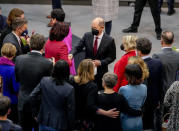 Olaf Scholz of the Social Democrats, center, is congratulated after he was elected new German Chancellor in the German Parliament Bundestag in Berlin, Wednesday, Dec. 8, 2021. The election and swearing-in of the new Chancellor and the swearing-in of the federal ministers of the new federal government will take place in the Bundestag on Wednesday. (Photo/Markus Schreiber)