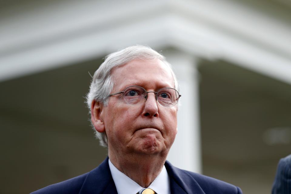 Senate Majority Leader Mitch McConnell of Ky., listens to a question while speaking with the media after he and other Senate Republicans had a meeting with President Donald Trump at the White House, Tuesday, June 27, 2017, in Washington. (AP Photo/Alex Brandon)