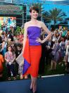 <p>Anne Hathaway wears Roksanda Ilincic pre-fall 2014 with Charlotte Olympia shoes and Rona Pfeiffer ring at the Rio 2 premiere in Miami, March 2014.</p>