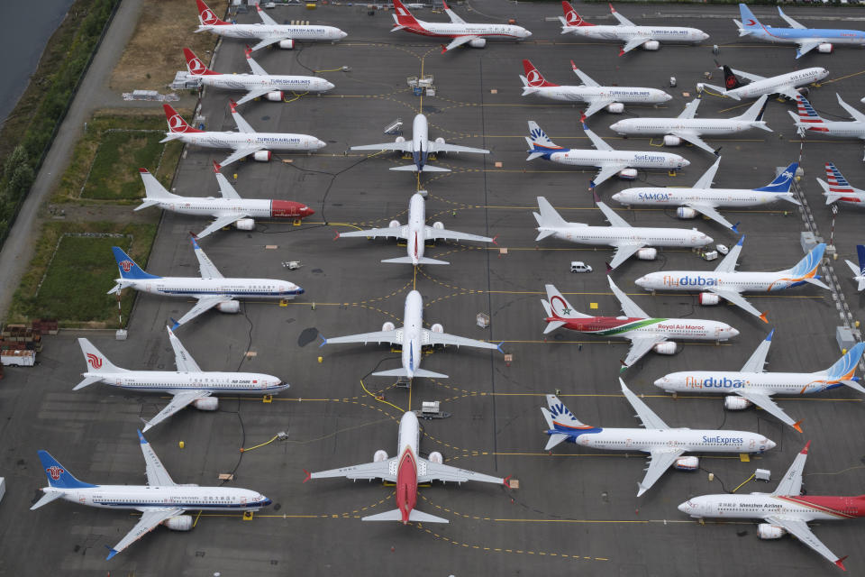 Boeing 737 MAX airplanes are stored in an area adjacent to Boeing Field, on June 27, 2019 in Seattle, Washington. After a pair of crashes, the 737 MAX has been grounded by the FAA and other aviation agencies since March, 13, 2019. Photo: Stephen Brashear/Getty 