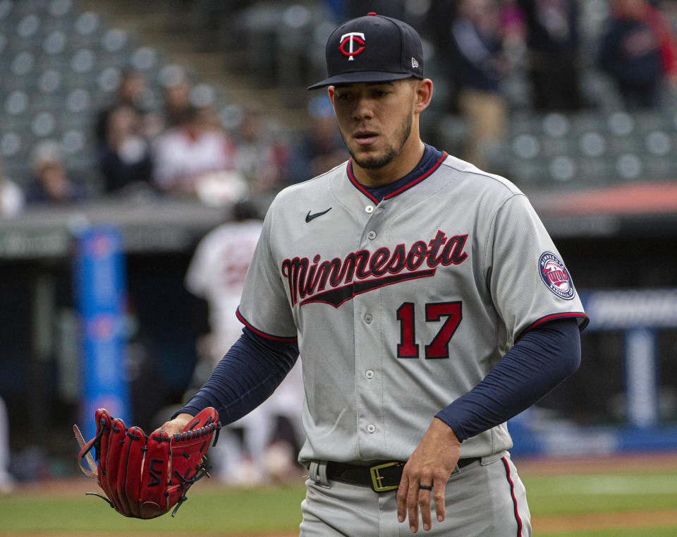 Minnesota Twins starting pitcher Jose Berrios leaves the the mound during the sixth inning of a baseball game against the Cleveland Indians, in Cleveland, Monday, April 26, 2021. (AP Photo/Phil Long)