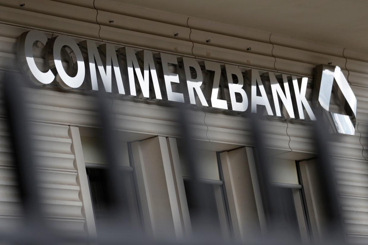 The logo of German bank Commerzbank can be seen at a branch of the bank in Berlin on May 13, 2020. - Germany's second-largest lender Commerzbank sank into a loss in the first quarter as it took a hit of 479 million euros over the coronavirus pandemic, it said Wednesday, May 13, 2020. (Photo by Odd ANDERSEN / AFP) (Photo by ODD ANDERSEN/AFP via Getty Images)