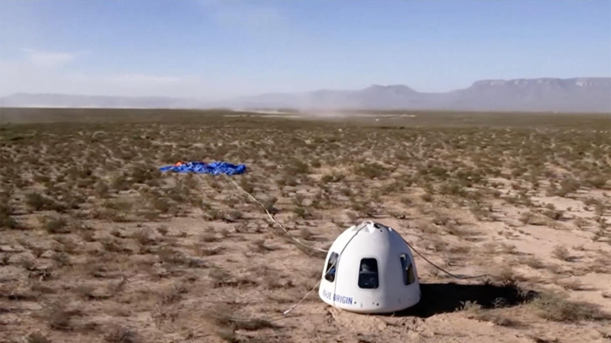 The capsule after its landing in Van Horn, Texas, Wednesday. (Blue Origin via Reuters Video)