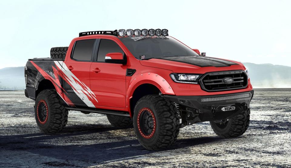<p>Ford, of course, is hyping its Ford Performance Parts and Ford Licensed Accessories, and that's why you'll see those products all over the vehicles on display, including on the Skyjacker Ranger pictured here. This truck tries to take the Ranger's off-roading skills to the next level with a Skyjacker Suspension six-inch lift, a Warn winch, and rock slider side steps and lighting enhancements with Rigid Industries lighting on the A-pillar and a rooftop off-road light bar. The powertrain has also been recalibrated, and the cat-back exhaust system has black chrome tips.<br><br></p>