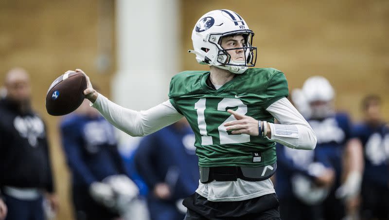 BYU QB Jake Retzlaff throws at the Cougars Indoor Practice Facility during spring camp. The junior college transfer is among the quarterbacks vying to be QB2 this fall.
