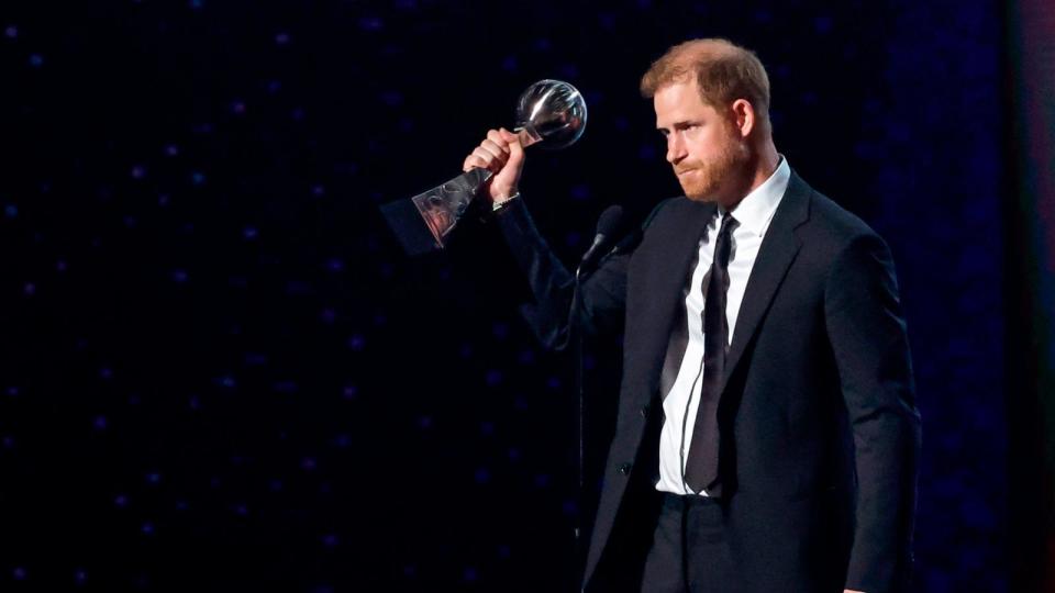 PHOTO: Prince Harry, Duke of Sussex accepts the Pat Tillman Award onstage during the 2024 ESPY Awards at Dolby Theatre on July 11, 2024 in Hollywood, Calif. (Frazer Harrison/Getty Images)