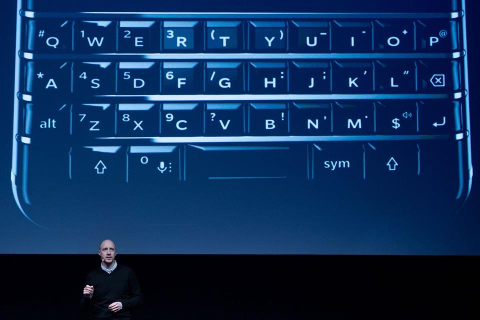 Senior product manager blackberry mobile Logan Bell speaks during a presentation to the new BlackBerry Key One at the Mobile World Congress centre in Barcelona: JOSEP LAGO/AFP/Getty Images