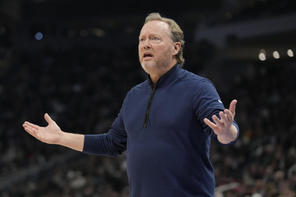 MILWAUKEE, WISCONSIN - MARCH 22: Head coach Mike Budenholzer of the Milwaukee Bucks reacts during the first half against the San Antonio Spurs at Fiserv Forum on March 22, 2023 in Milwaukee, Wisconsin. NOTE TO USER: User expressly acknowledges and agrees that, by downloading and or using this photograph, user is consenting to the terms and conditions of the Getty Images License Agreement. (Photo by Patrick McDermott/Getty Images)