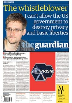 Front page of The Guardian with revelations about the Edward Snowden affair.