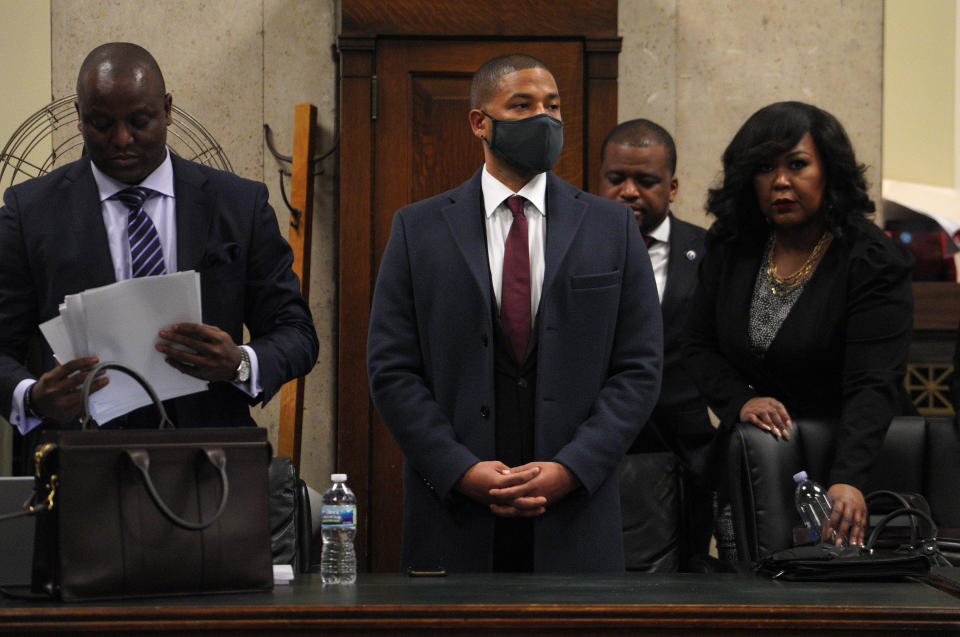 Actor Jussie Smollett appears at his sentencing hearing at the Leighton Criminal Court Building on March 10, 2022 in Chicago. Smollett was found guilty last year of lying to police about a hate crime after he reported that two masked men physically attacked him, yelling racist and anti-gay remarks near his Chicago home in 2019. - Credit: Brian Cassella-Pool/Getty Images