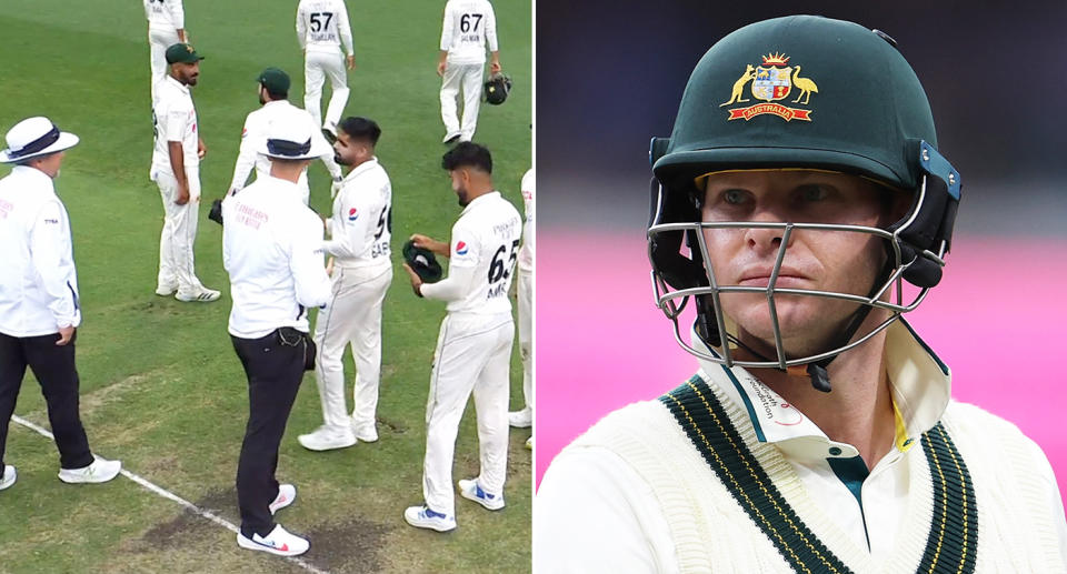 Play stopped in the third cricket Test between Australia and Pakistan left and right Steve Smith leaving the SCG pitch due to bad light