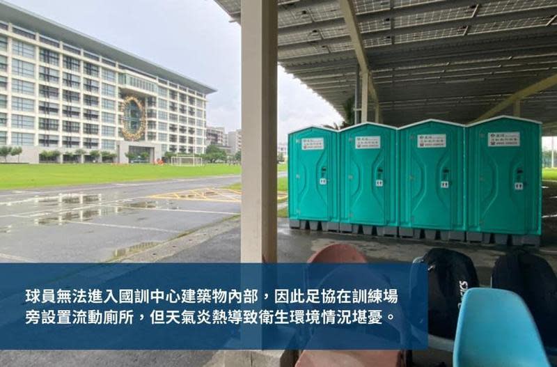 台灣女足工會爆料，備戰亞洲盃的台灣代表隊只能使用足協特別設立在國訓中心外的流動廁所盥洗、換衣。（翻攝自台灣女子足球工會臉書）
