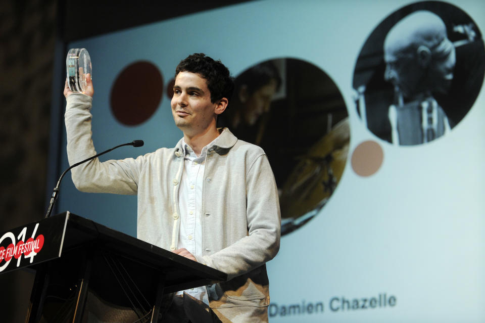 Damien Chazelle, director of "Whiplash," accepts the Grand Jury Prize: Dramatic award for his film during the 2014 Sundance Film Festival Awards Ceremony on Saturday, Jan. 25, 2014, in Park City, Utah. (Photo by Chris Pizzello/Invision/AP)