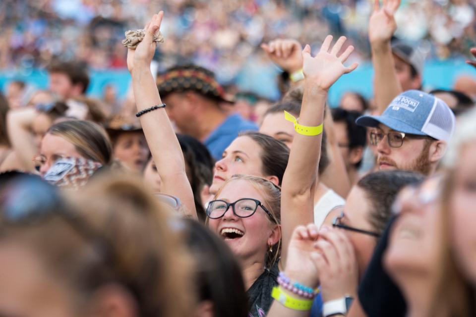 Fan sings along to Khalid performing at Nissan Stadium in Nashville, Tenn., before Ed Sheeran, Saturday, July 22, 2023.