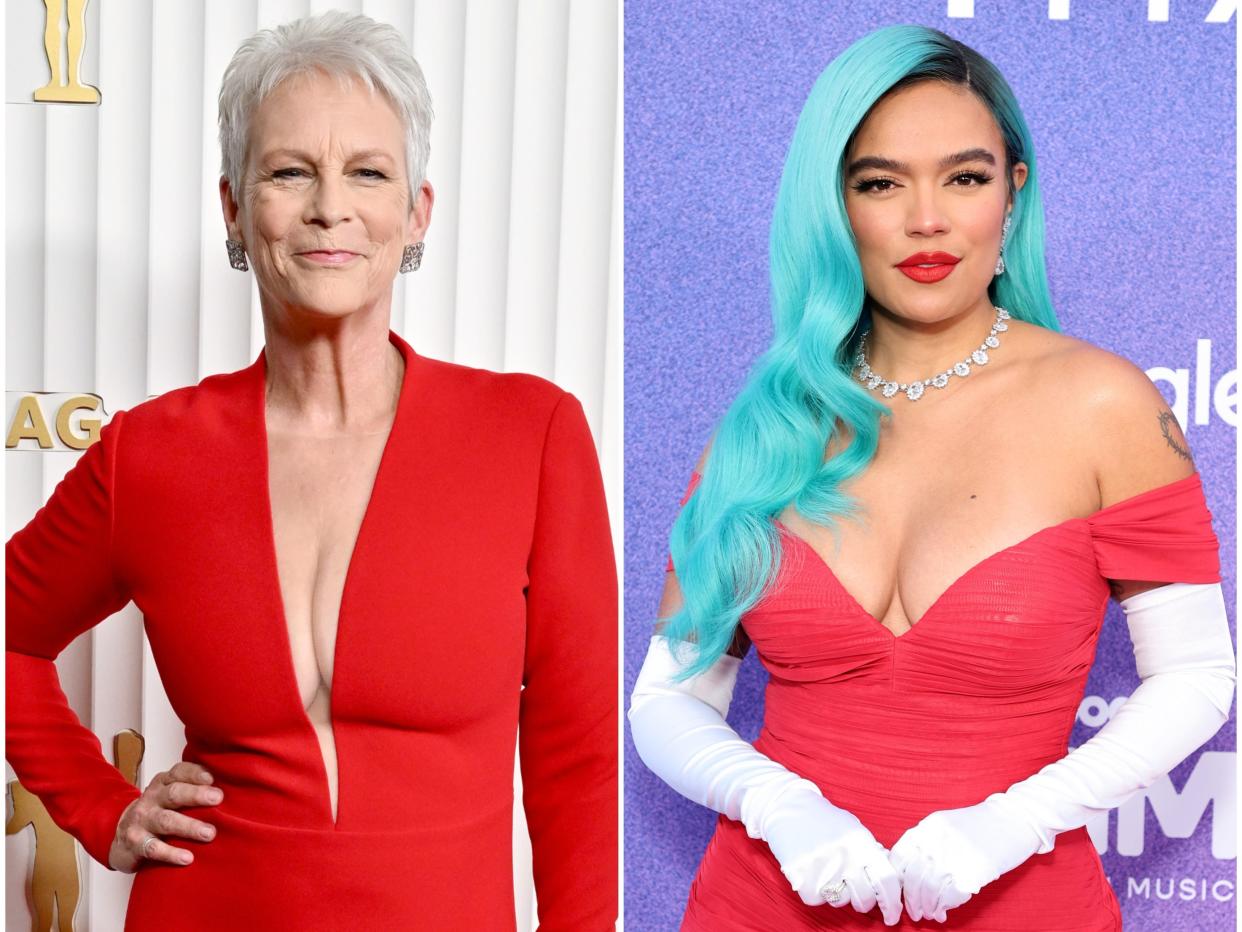 Jamie Lee Curtis attends the 29th Annual Screen Actors Guild Awards at Fairmont Century Plaza on February 26, 2023 in Los Angeles, California; Karol G attends Billboard Women in Music at YouTube Theater on March 02, 2022 in Inglewood, California.