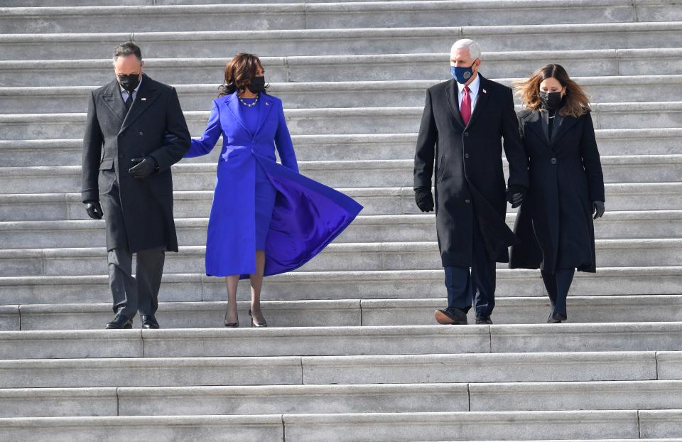 Vice President Kamala Harris escorts former Vice President Mike Pence to the East Front steps of the U.S. Capitol following the 2021 Presidential Inauguration.