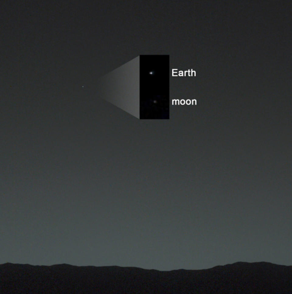 Just after sunset on Jan. 31, 2014, the Curiosity Rover on Mars captured Earth and the moon 99 million miles away.