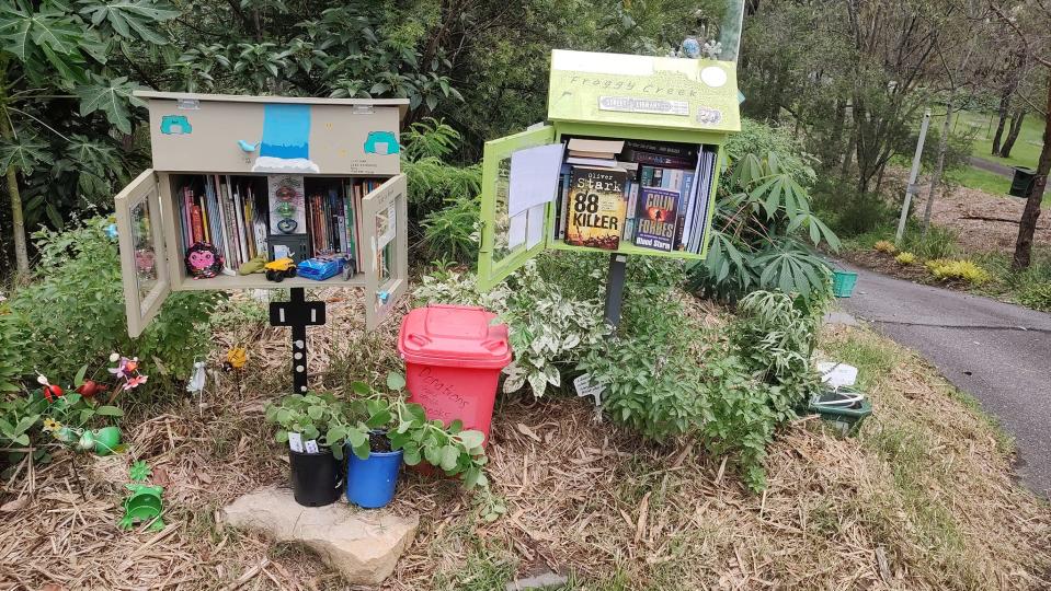 These street libraries in Karana Downs in Queensland offer books, seeds, kids toys and plant cut-offs to neighbours. Source: Facebook