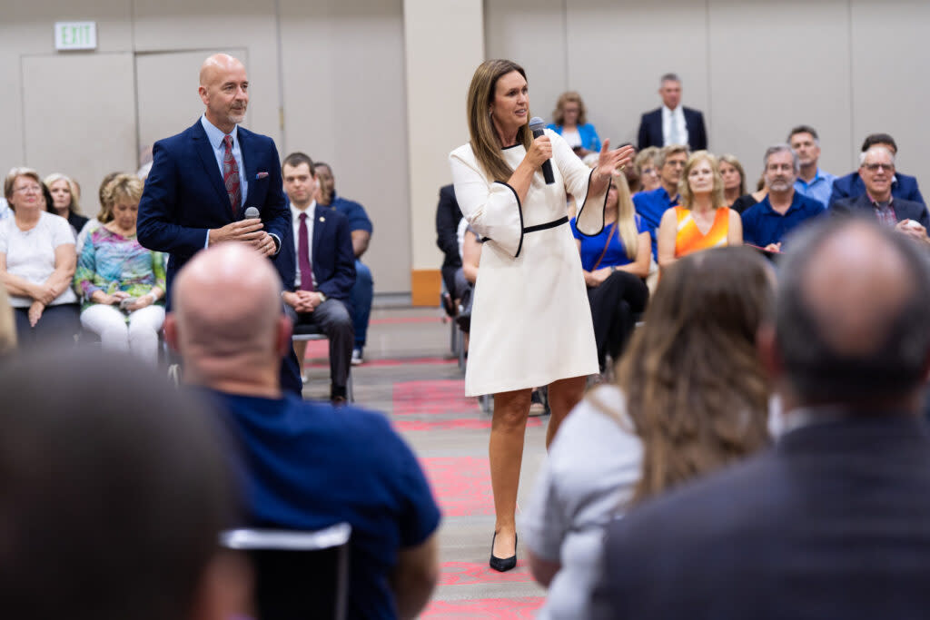 Gov. Sarah Huckabee Sanders and Education Secretary Jacob Oliva talk about the LEARNS Act and what it means for K-12 education in Arkansas at an invitation-only town hall in El Dorado on June 6, 2023. (Randall Lee/Courtesy of the Governor's Press Office)