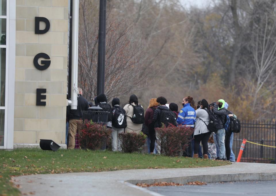 About 20 students held a protest outside Eastridge High School on November 30, 2021. 