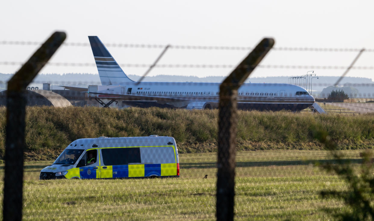 AMESBURY, WILTSHIRE - JUNE 14: Rwanda deportation flight EC-LZO Boeing 767 at Boscombe Down Air Base, on June 14, 2022 in Boscombe Down. The Court of Appeal yesterday rejected a legal bid to stop a Home Office flight taking asylum seekers from the UK to Rwanda. (Photo by Finnbarr Webster/Getty Images)