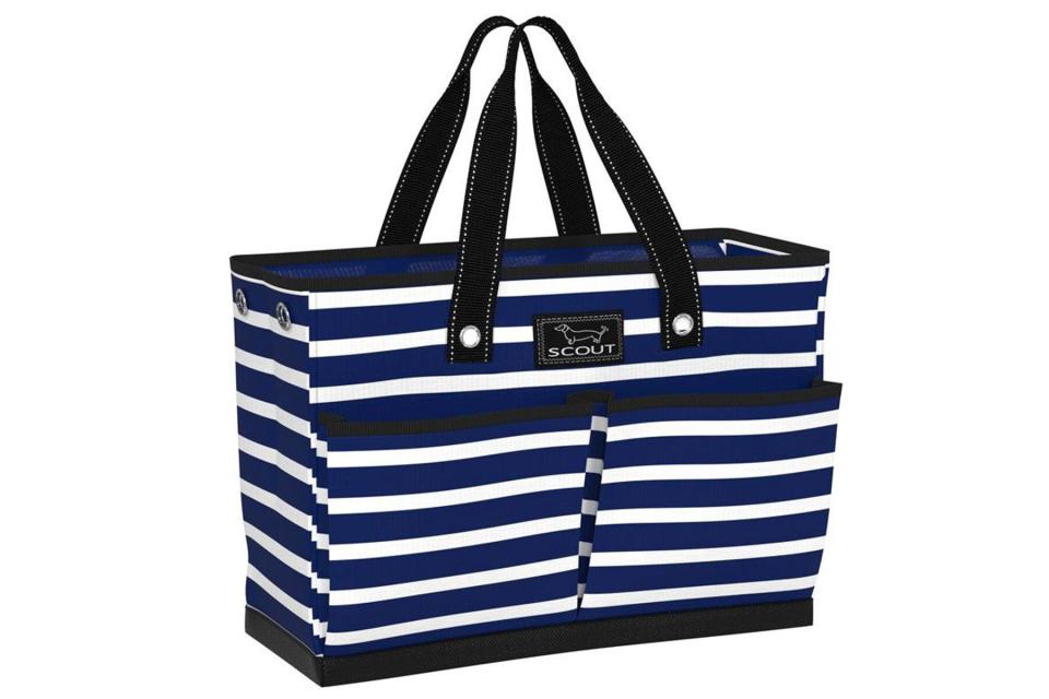 Navy and white striped beach bag