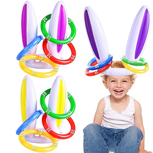 3 Pack Easter Inflatable Bunny Ring Toss Game Easter Rabbit Ears Ring Toss Party Games Inflatable Toys Gift for Kid Family School Party Favor Indoor Outdoor Toss Game (3 Set & 12 Score Rings)