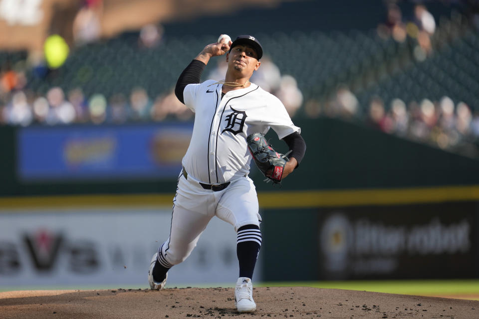 Detroit Tigers pitcher Keider Montero throws against the Cleveland Guardians in the first inning of a baseball game, Monday, July 8, 2024, in Detroit. (AP Photo/Paul Sancya)