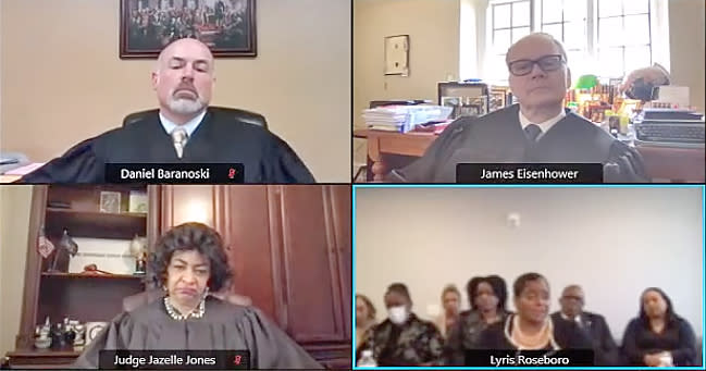 Judge Lyris Younge, lower right, during her sanction hearing in April. (Pennsylvania Court of Judicial Discipline)