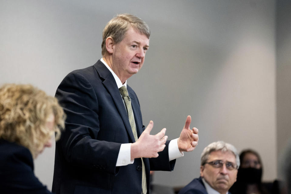 Defense attorney Kevin Gough addresses the court during the trial for the shooting death of Ahmaud Arbery at the Glynn County Courthouse on Monday, Nov. 8, 2021 in Brunswick, Ga. Greg McMichael and his son, Travis McMichael, and a neighbor, William "Roddie" Bryan, are charged with the February 2020 death of 25-year-old Arbery. (Sean Rayford/Pool Photo via AP)