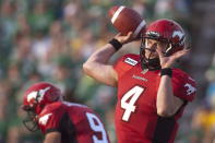 Calgary Stampeders quarterback Drew Tate looks to make a pass during the first half of CFL pre-season football action against the Saskatchewan Roughriders in Regina, Sask., Friday, June 22, 2012. THE CANADIAN PRESS/Liam Richards