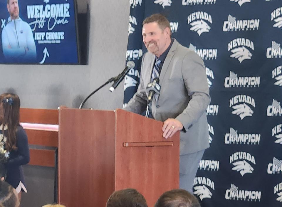 Jeff Choate talks at his introductory press conference on Monday after being hired as Nevada's new head football coach. Texas' co-defensive coordinator and linebackers coach will start immediately but said he will return to Texas once College Football Playoff practices begin Dec. 15 and will resume his coaching role with the Longhorns through the CFP.