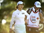 So Yeon Ryu, of South Korea, walks after teeing off on the 13th hole during the first round of the CP Women's Open golf tournament, Thursday, Aug. 25, 2022, in Ottawa. (Justin Tang/The Canadian Press via AP)