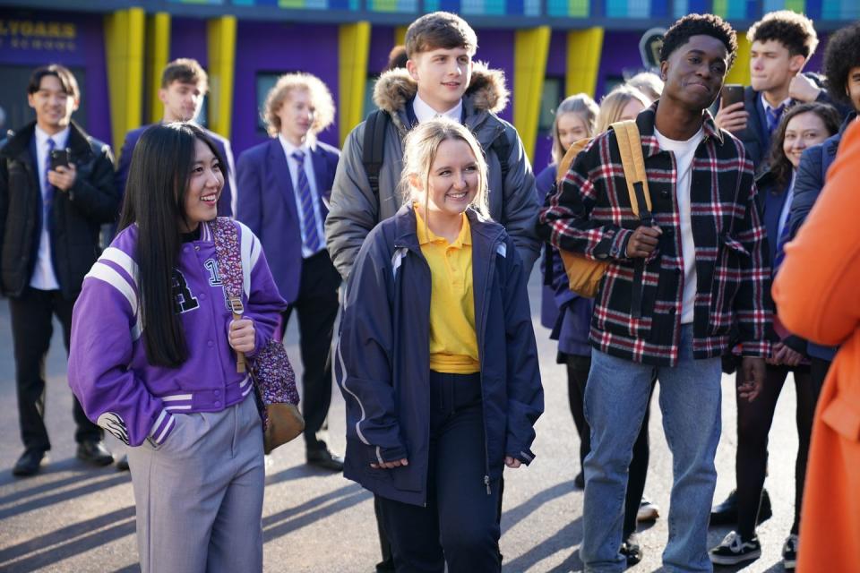 shing lin leong, charlie dean, leah barnes and demarcus westwood at the school protest in hollyoaks