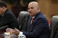 FILE - Micronesia's President David Panuelo sits at a table during a meeting with Chinese President Xi Jinping, at the Great Hall of the People, in Beijing, on Dec. 13, 2019. Panuelo, the president of Micronesia, one of the nations targeted by China, warned the other Pacific nations against a security pact with China, saying it “threatens to bring a new Cold War at best, and a world war at worst.”(Noel Celis/Pool Photo via AP, File)