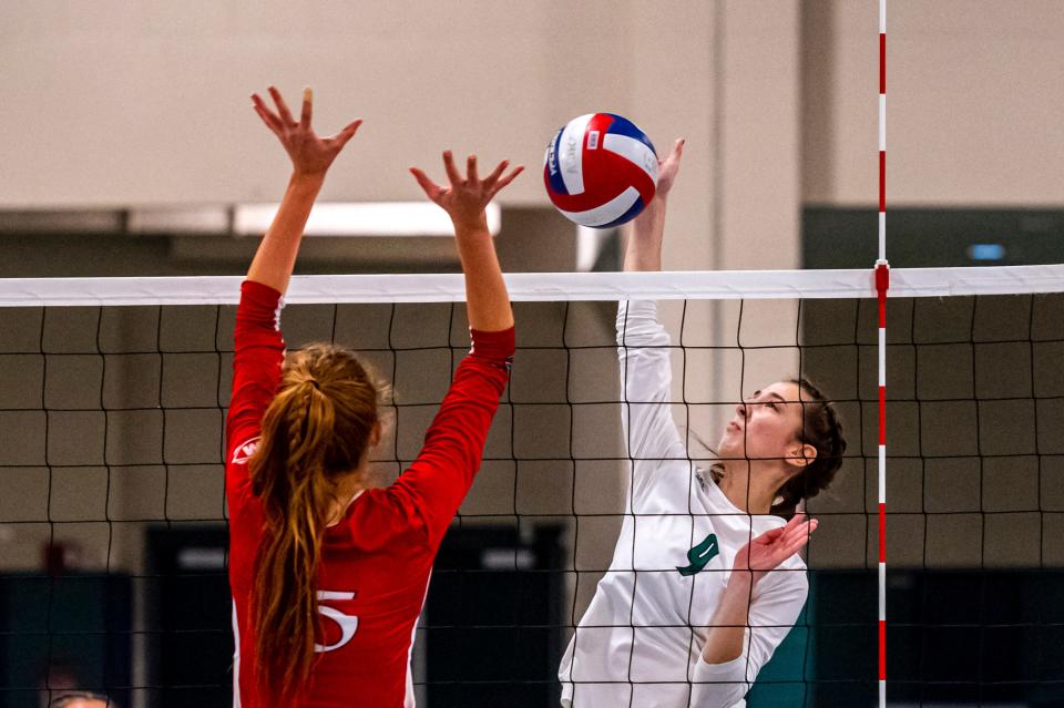 Dartmouth's Erynn Jasparro goes for the spike. .