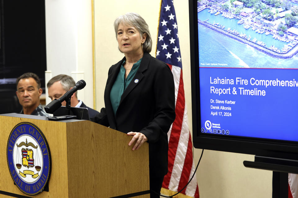 Hawaii Attorney General Anne Lopez and members of the Fire Safety Research Institute (FSRI) hold a press conference on the Maui Wildfire Phase One Report findings on Wednesday, April 17, 2024, in Honolulu. (AP Photo/Marco Garcia)