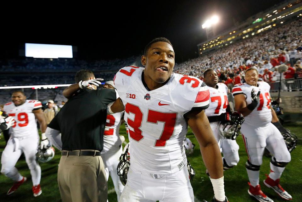 Ohio State linebacker Joshua Perry smiles after the Buckeyes' two-overtime win over Penn State in 2014.