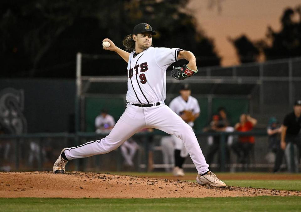 Modesto Nuts starting pitcher Michael Morales went three innings during the California League playoff game with San Jose at John Thurman Field in Modesto, Calif., Tuesday, September 12, 2023.