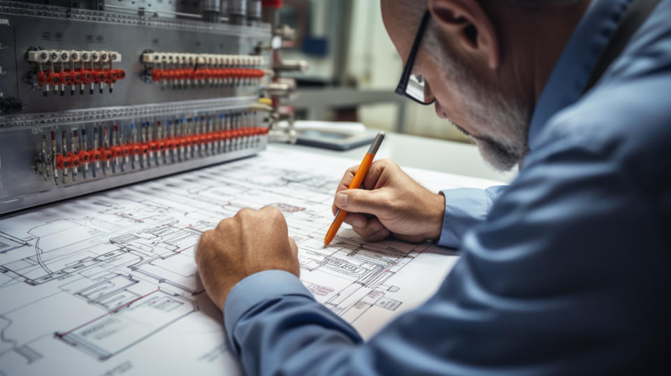 An engineer with a pen and paper designing a switchgear circuit diagram.