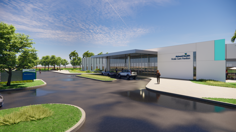 A rendering is shown of the AdventHealth Care Pavilion Heathbrooke, which will be completed in August 2022 at 3949 SW College Road in Ocala. It will have primary care, specialty care, a lab, a pharmacy, full imaging services and a cafe.