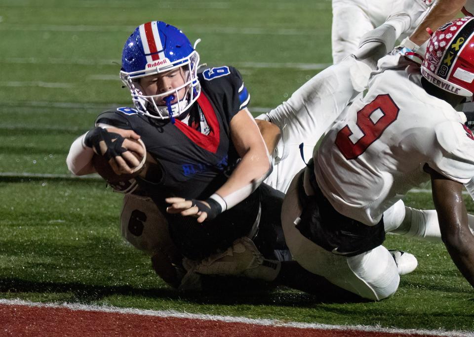 Lake’s William Butler II reaches for touchdown during the second quarter against Westerville South on Friday, Nov. 11, 2022.