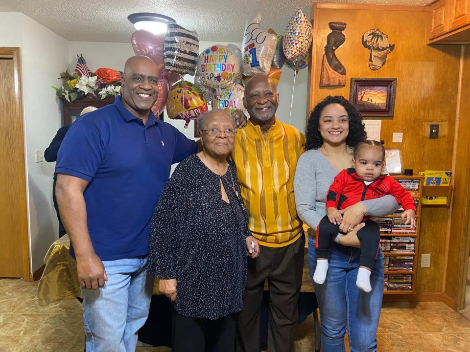 From left, Orville Henry Townsend Jr., Norma Townsend, Orville Henry Townsend, Alexys Townsend and August Townsend gather for a photograph in Iowa City.