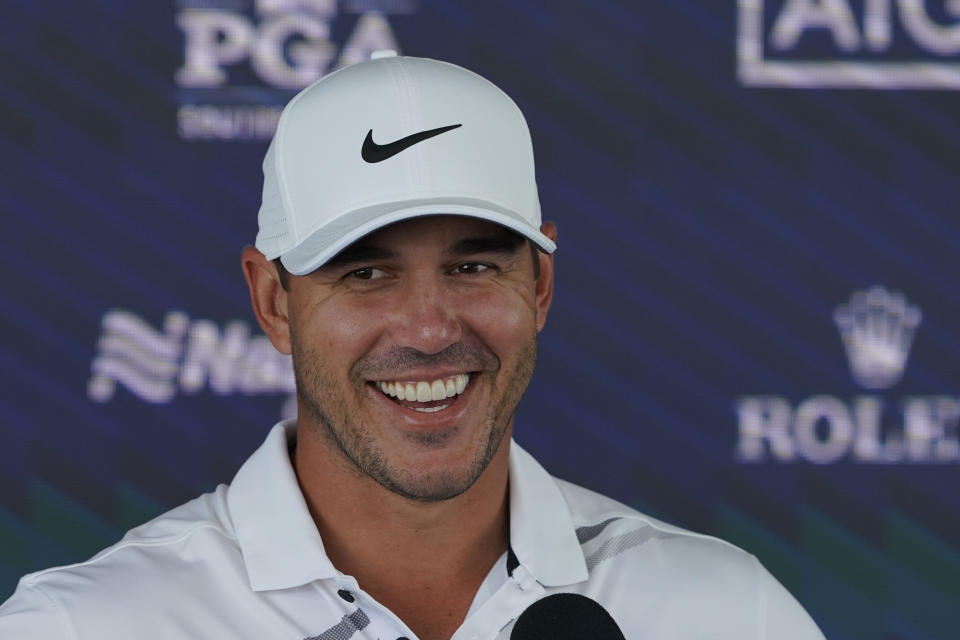 Brooks Koepka speaks during a news conference at the PGA Championship golf tournament, Tuesday, May 17, 2022, in Tulsa, Okla. (AP Photo/Matt York)