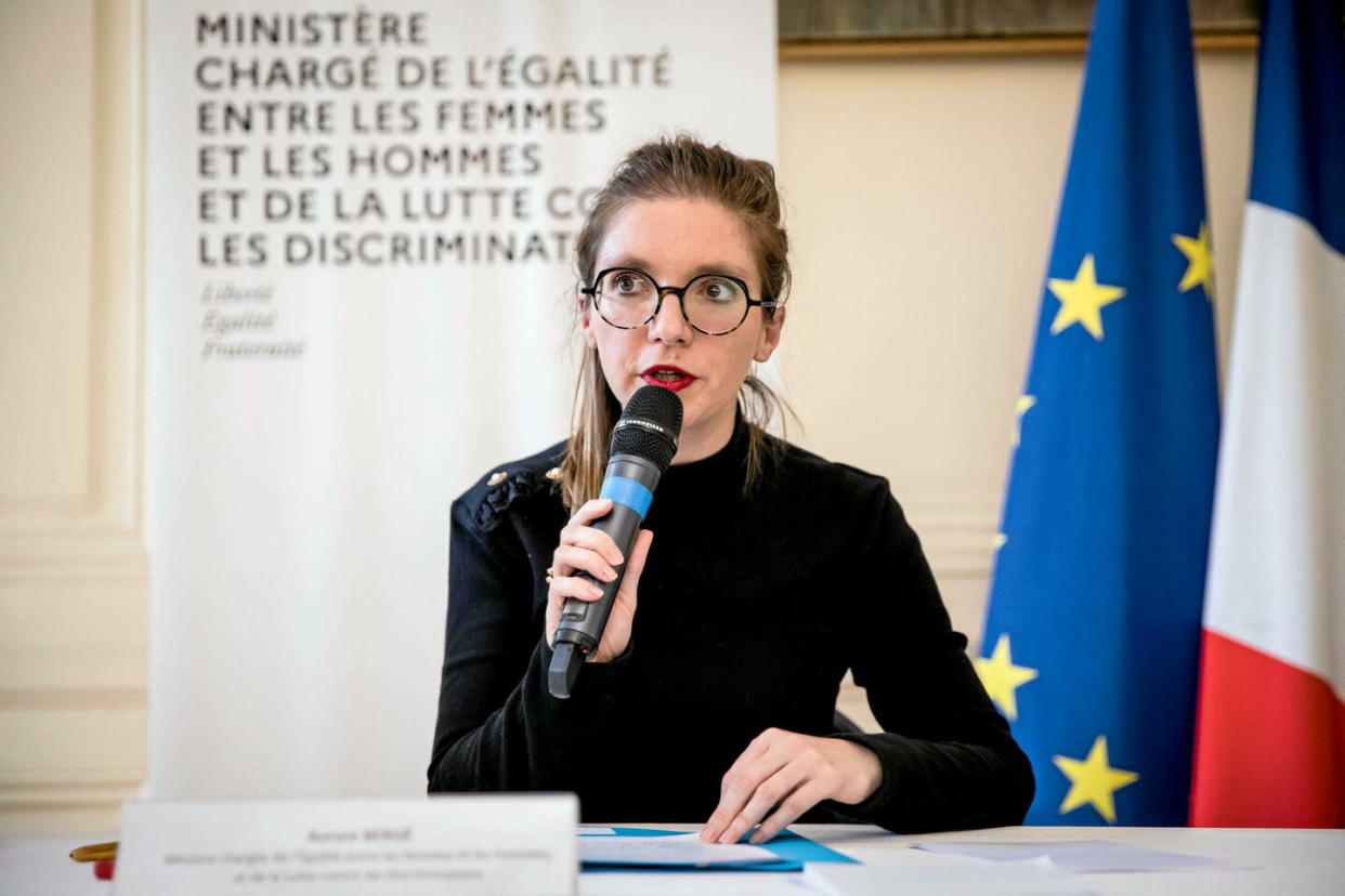 Aurore Bergé, le jeudi 2 mai 2024, au ministère de la Stratégie nationale de lutte contre le système prostitutionnel et l'exploitation sexuelle.  - Credit:Chang Martin/SIPA / SIPA / Chang Martin/SIPA