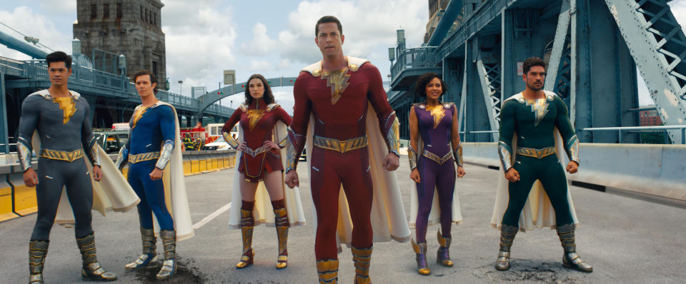 (L-r) ROSS BUTLER as Super Hero Eugene, ADAM BRODY as Super Hero Freddy, GRACE CAROLINE CURREY as Super Hero Mary, ZACHARY LEVI as Shazam, MEAGAN GOOD as Super Hero Darla and D.J. COTRONA as Super Hero Pedro in New Line Cinema’s action adventure “SHAZAM! FURY OF THE GODS,” a Warner Bros. Pictures release.
