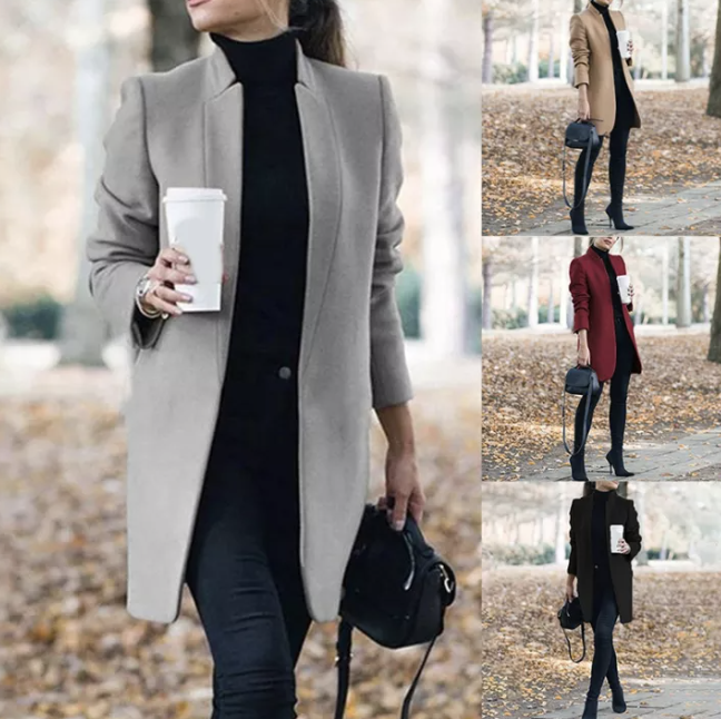 Four models wearing different shades of coats.