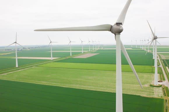 Wind turbines on a farm.